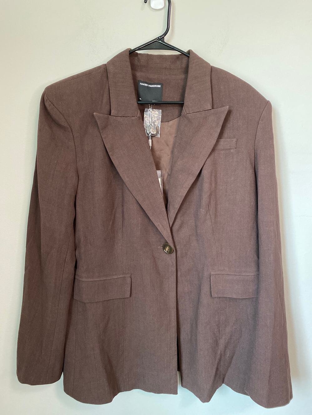 New Naked Wardrobe Power Shoulder Fitted Blazer Dark Chocolate Size XL